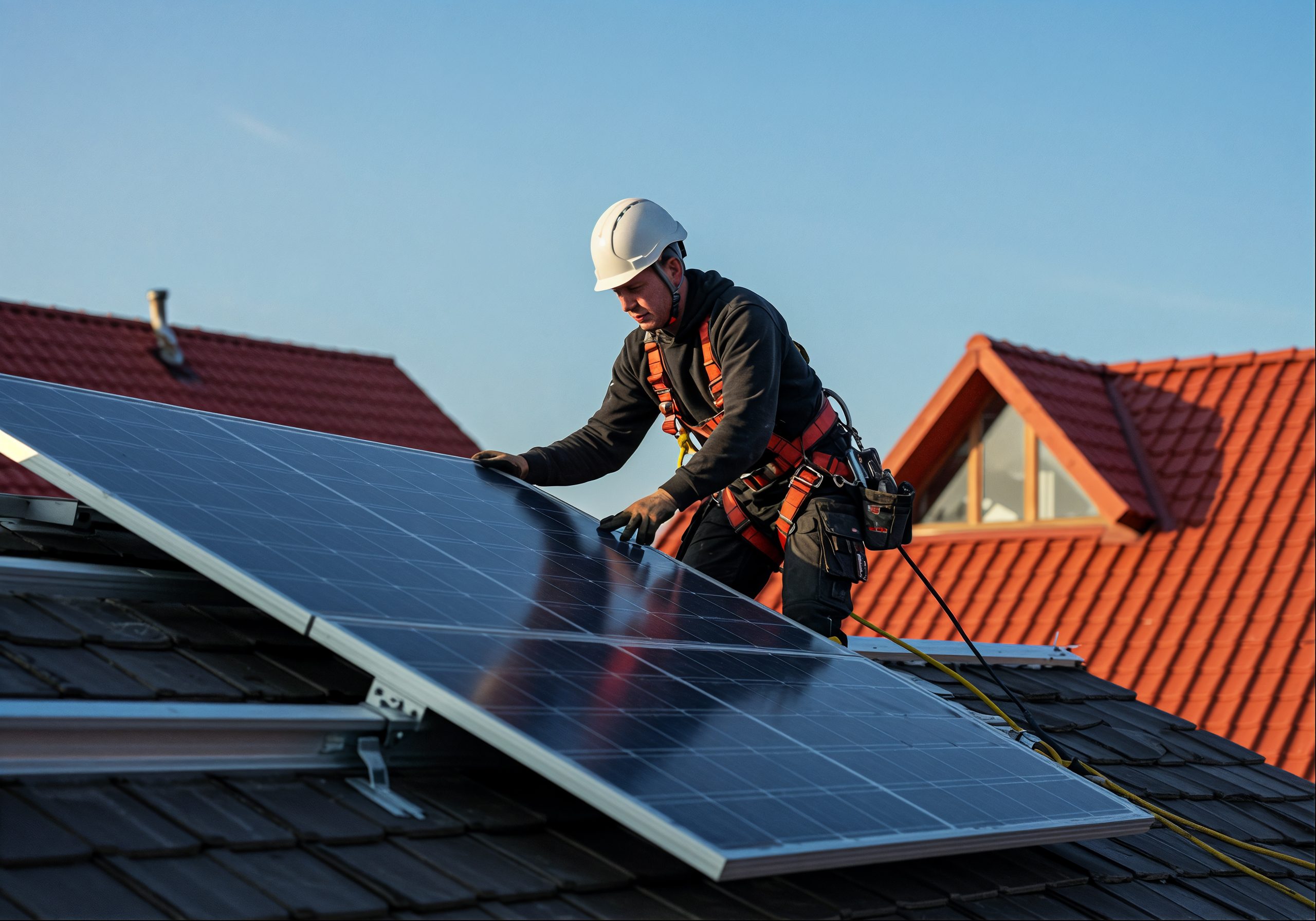 man installing solar panels roof